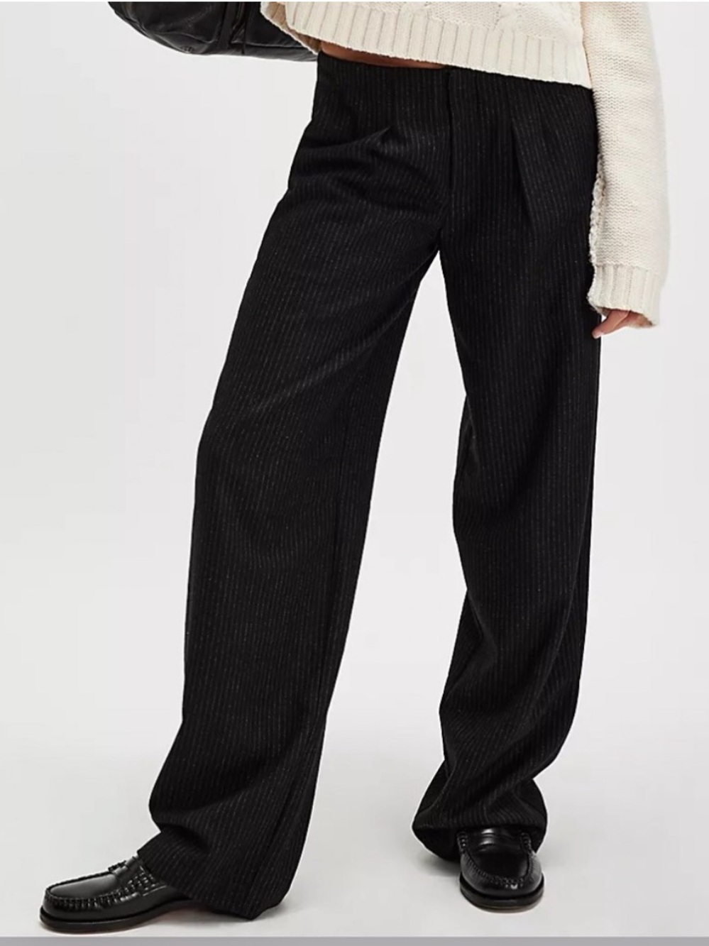 Free People 6 Pants Bond Low-Rise Trousers Navy Combo pinstripe wool pockets